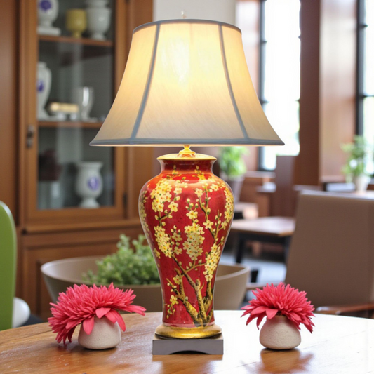 Pair of Chinese Jar Table Lamps with Pale Shades - Red Jasmine Blossom