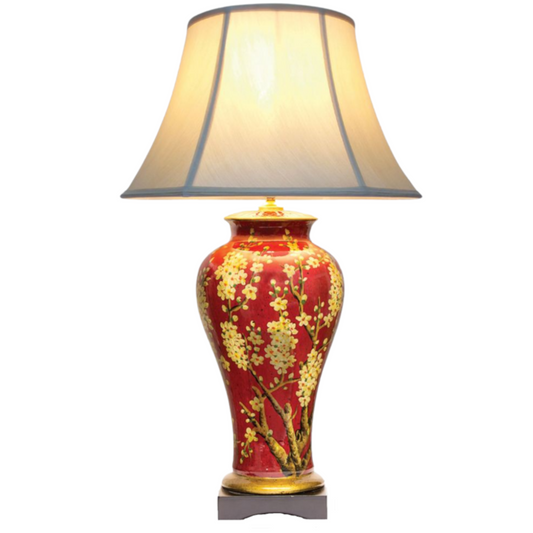 Chinese Jar Table Lamp with Pale Shade - Red Jasmine Blossom