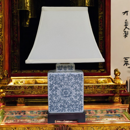 Chinese Tea Caddy Table Lamp with Shade - Blue Anemone - 42cm