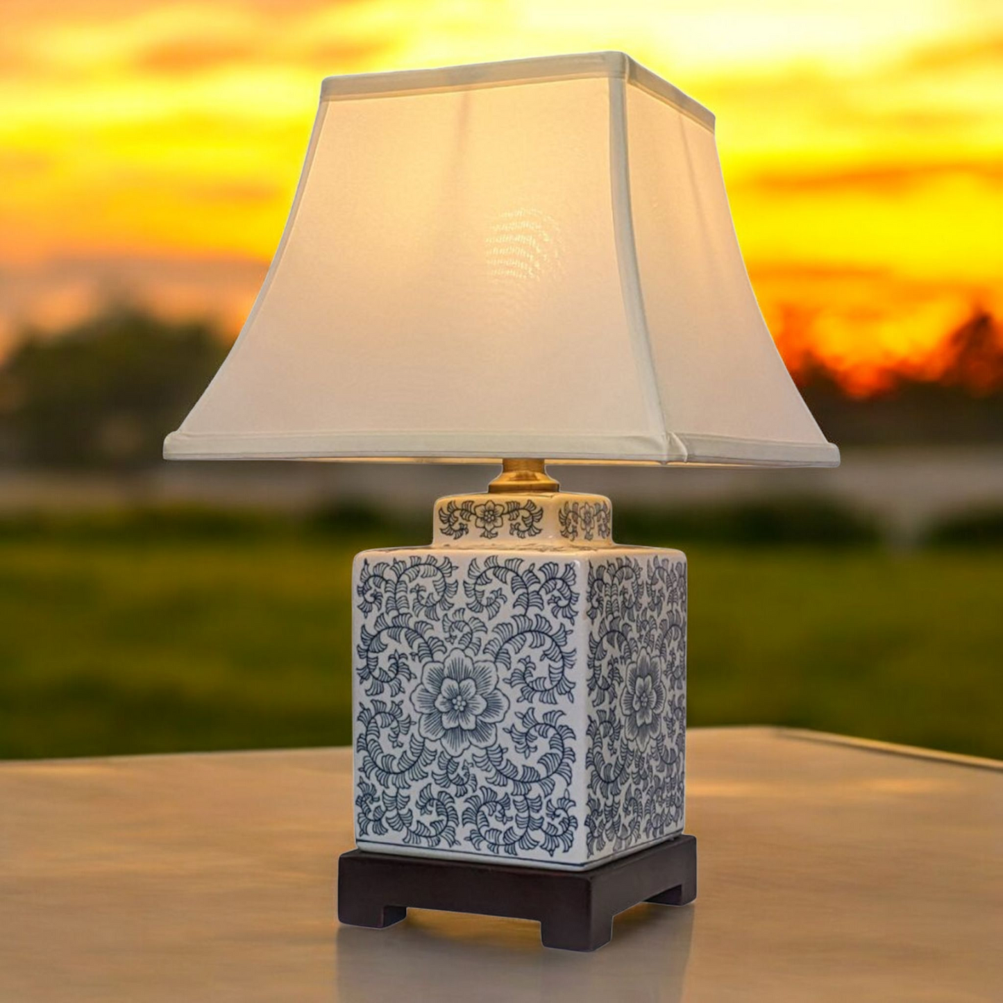 Chinese Tea Caddy Table Lamp with Shade - Blue Anemone - 42cm
