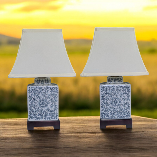 Pair of Chinese Tea Caddy Table Lamps with Shades - Blue Anemone - 42cm