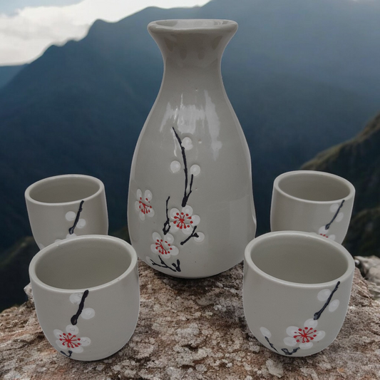 Sake Set with Grey Blossom Sprig Pattern - Ceramic Flask and Cups - Boxed