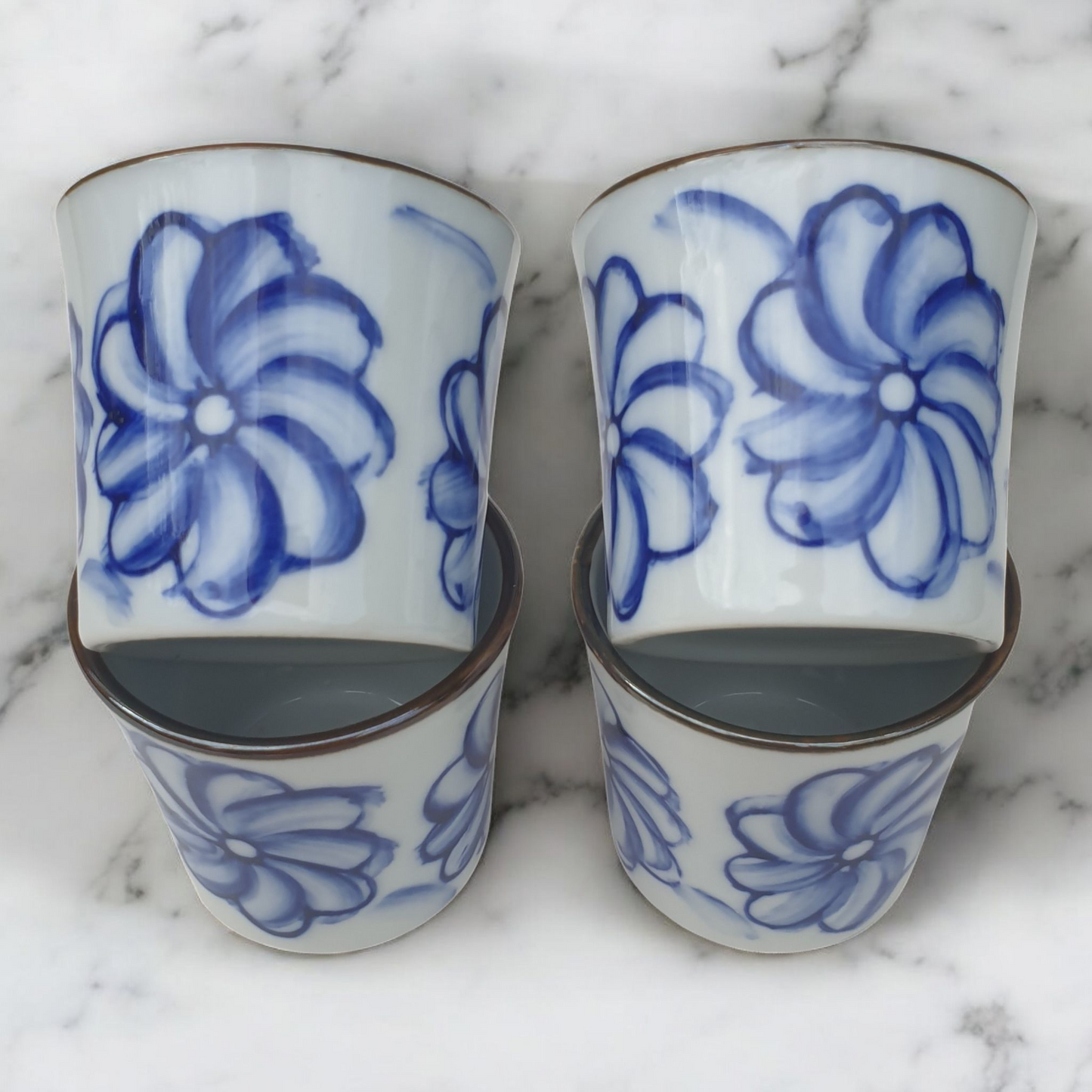 Sake Set with Blue Floral Pattern - Ceramic Flask and Cups - Boxed