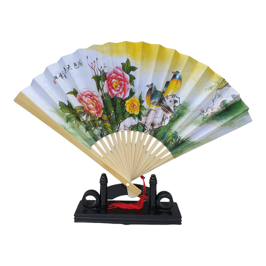 Chinese Fan - Paper and Bamboo - Painted Doves Picture - 23cm