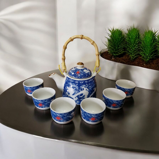 Chinese Tea Set - Blue and White Double Dragon Pattern - 6 Small Cups - Gift Box
