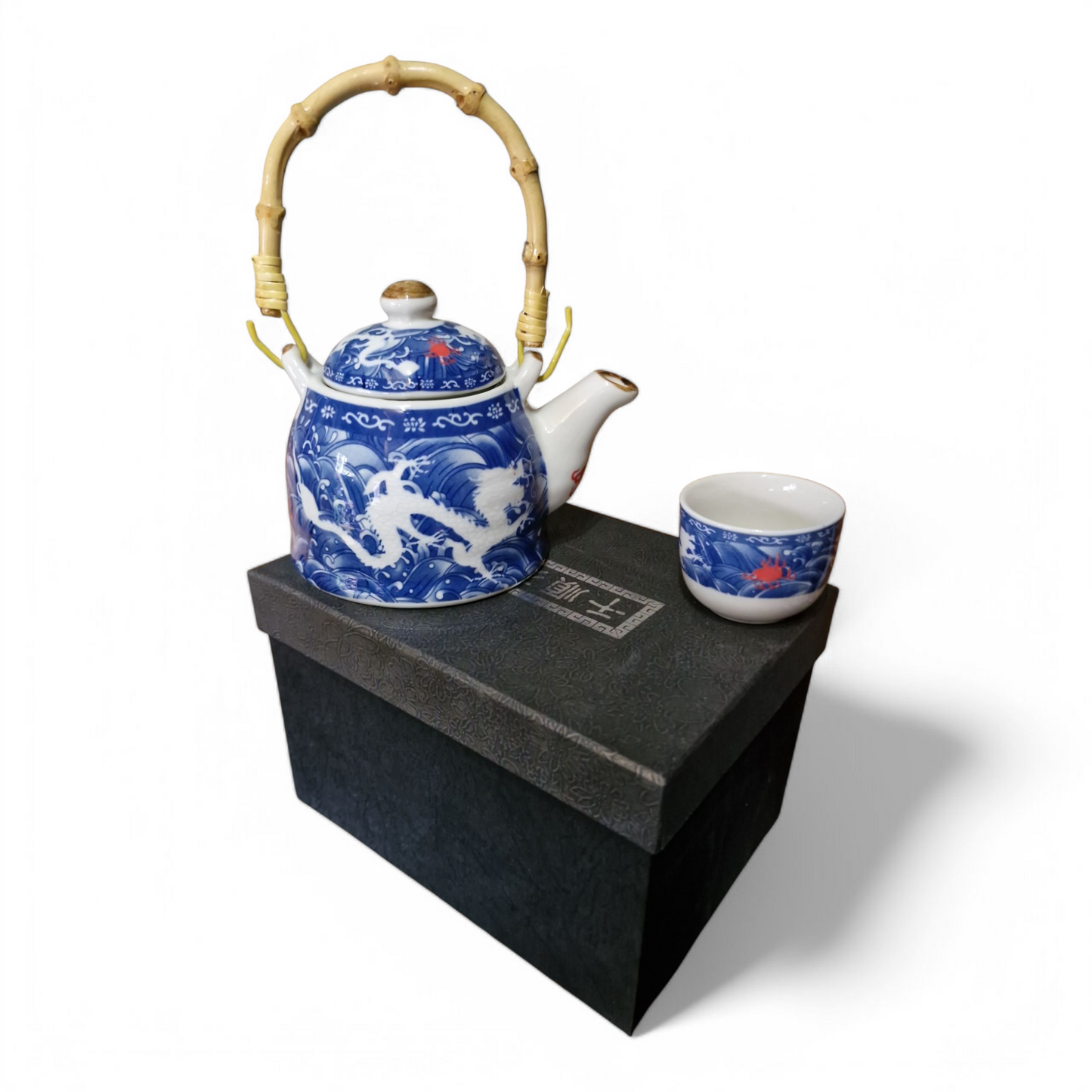 Chinese Tea Set - Blue and White Double Dragon Pattern - 6 Small Cups - Gift Box