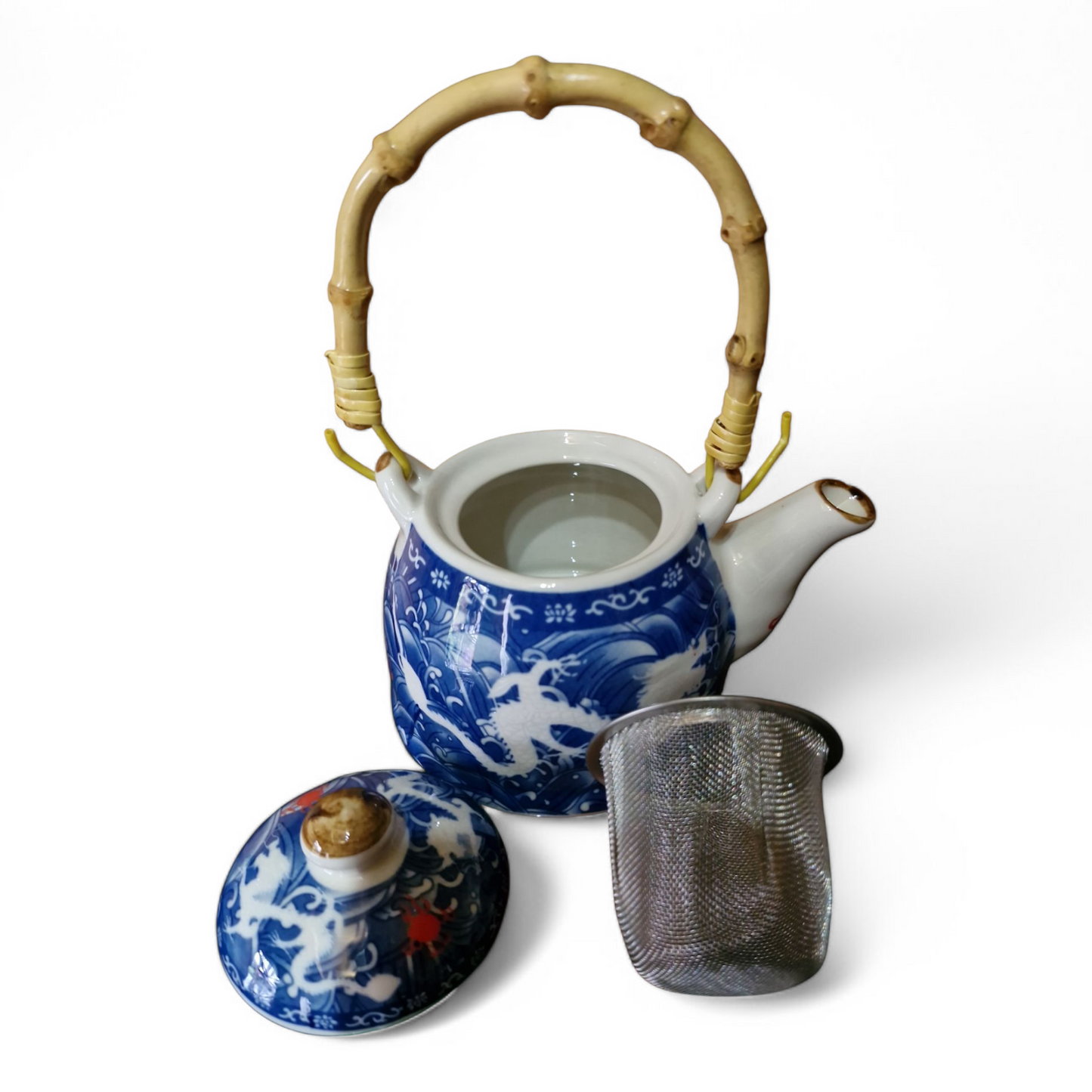 Chinese Tea Set - Blue and White Double Dragon Pattern - 6 Small Cups - Gift Box