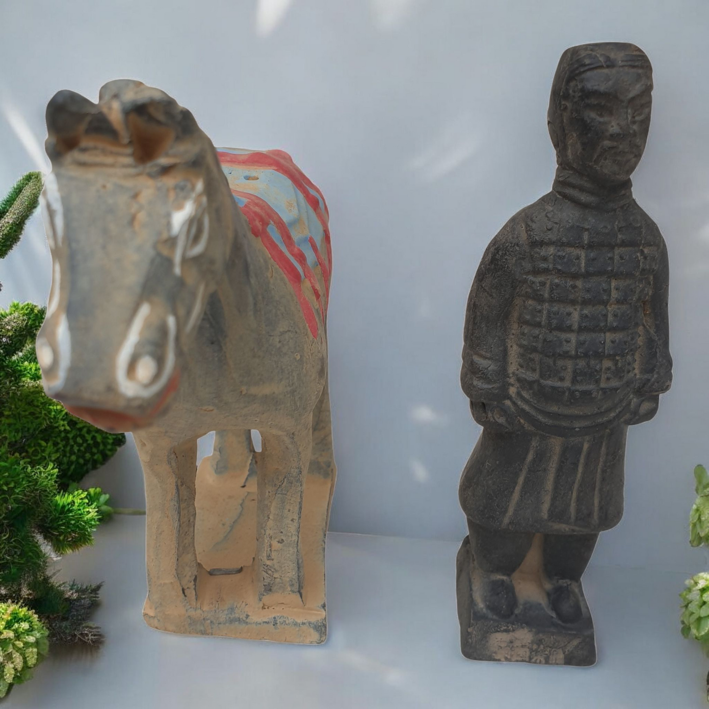 Terracotta Warrior and Horse - Set of 2 Figures - 12cm - Brocade Gift Box