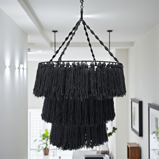 Macrame Soft Chandelier - Black Colour - Natural Material - 80cm x 50cm
