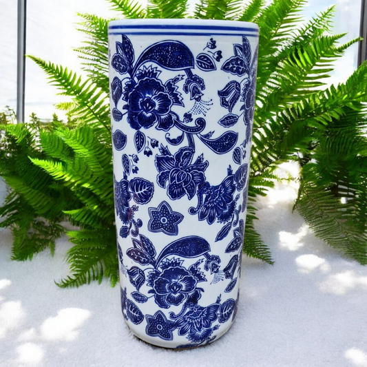 Umbrella Stand / Stick Holder - Ceramic - Blue Leaf Pattern - 44cm