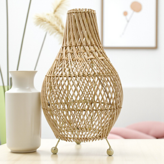 Rattan Table Lamp - Natural Colour - Switched Cable and Bulb - 39cm Tall