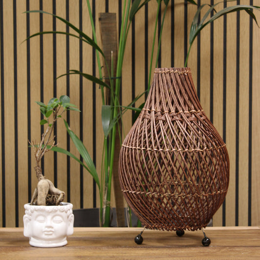 Rattan Table Lamp - Dark Brown Colour - Switched Cable and Bulb - 39cm Tall