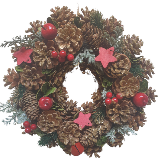 Christmas Wreath, Fir cone, Berries, Stars and Bells - Gold Glitter - 30cm
