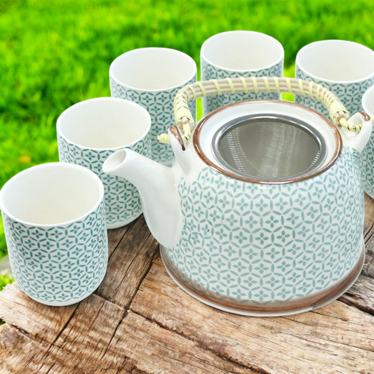 Chinese Herbal Tea Set - Green Mosaic Pattern - 6 Cups and Infuser - Boxed