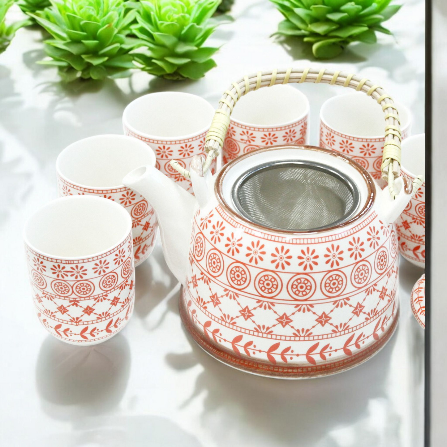Chinese Herbal Tea Set - Amber Pattern - 6 Cups and Infuser - Boxed