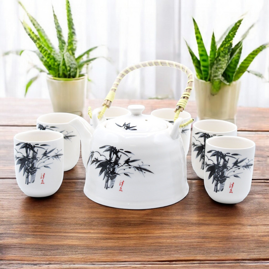 Chinese Ceramic Tea Set - Oriental Pattern - 6 Cups and Infuser - Boxed