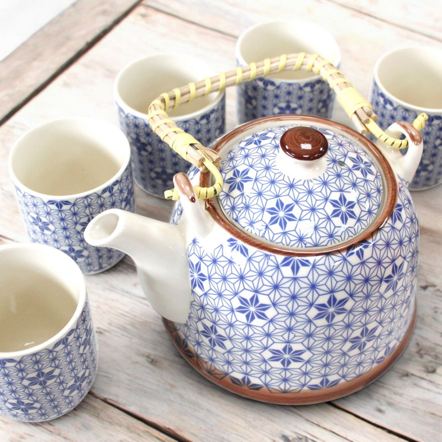 Chinese Herbal Tea Set - Blue Star Pattern - 6 Cups and Infuser - Boxed