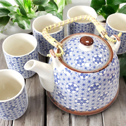 Chinese Herbal Tea Set - Blue Star Pattern - 6 Cups and Infuser - Boxed