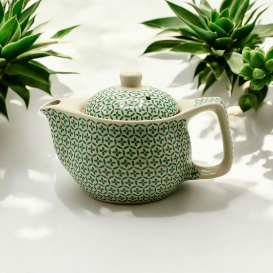 Chinese Ceramic Teapot - Small Size - Metal Infuser - Green Mosaic Pattern - 350ml