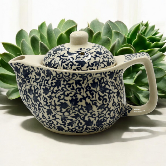 Chinese Ceramic Teapot - Small Size - Metal Infuser - Blue Floral Pattern - 350ml