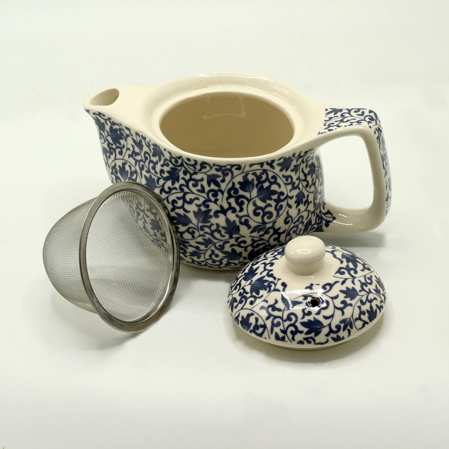 Chinese Ceramic Teapot - Small Size - Metal Infuser - Blue Floral Pattern - 350ml