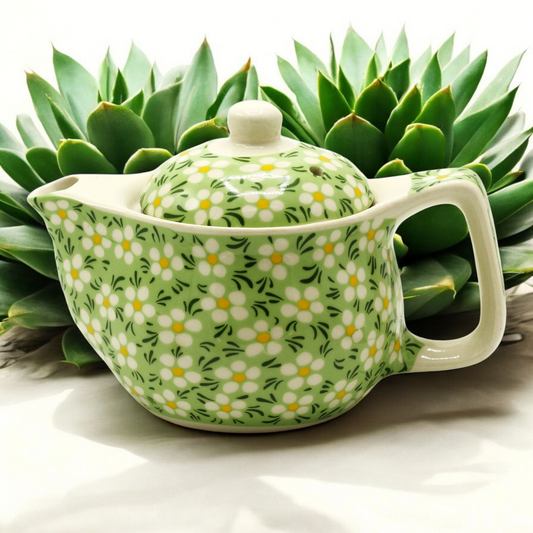 Chinese Ceramic Teapot - Small Size - Metal Infuser - Green Daisy Pattern - 350ml