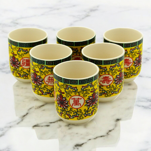 Chinese Ceramic Tea Cups - Set of Six - Long Life Pattern - 8cm Tall - 100ml