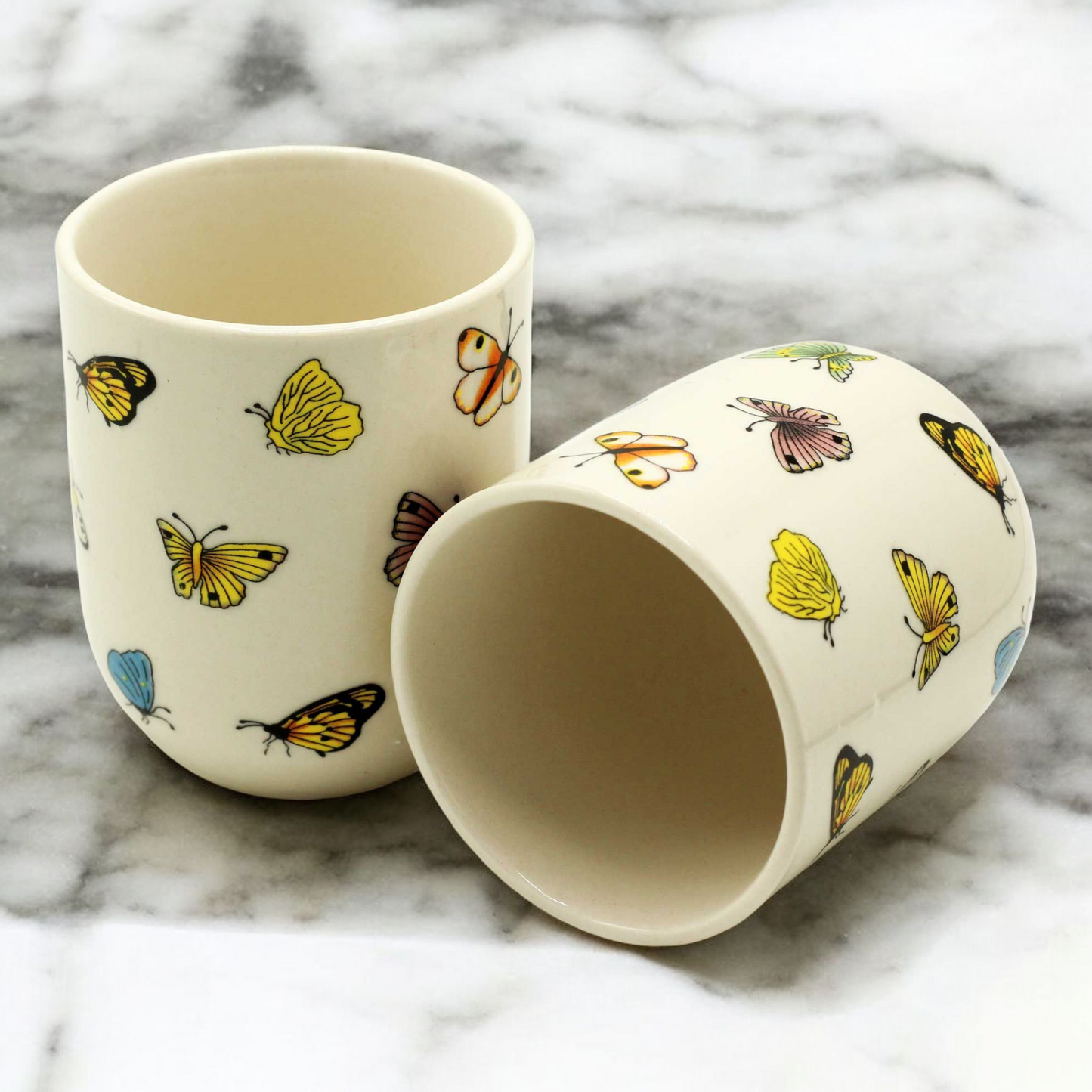 Chinese Ceramic Tea Cups - Set of Six - Butterflies Pattern - 8cm Tall - 100ml