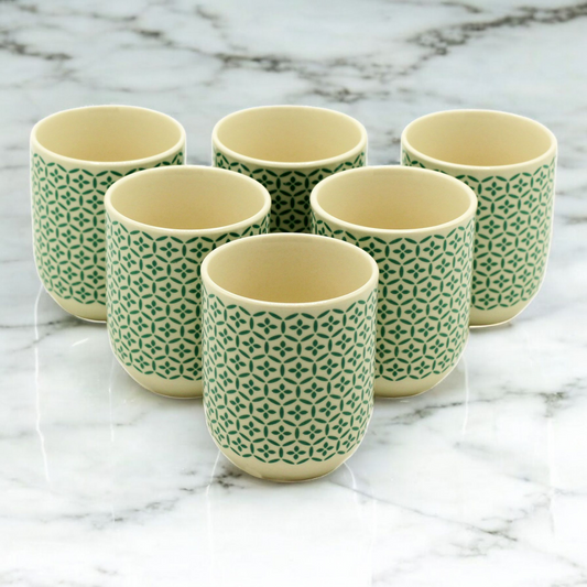Chinese Ceramic Tea Cups - Set of Six - Green Mosaic Pattern - 8cm Tall - 100ml