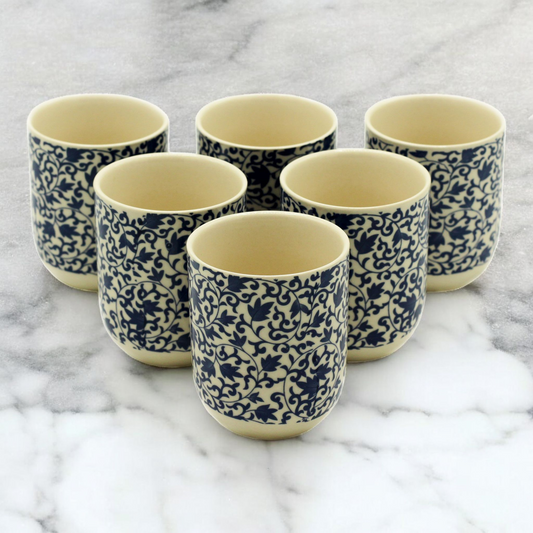 Chinese Ceramic Tea Cups - Set of Six - Blue Floral Pattern - 8cm Tall - 100ml
