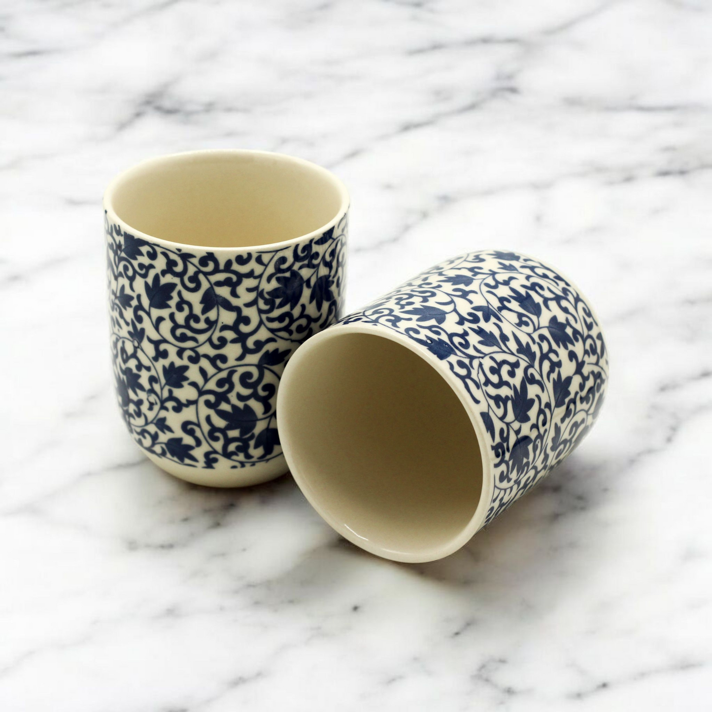 Chinese Ceramic Tea Cups - Set of Six - Blue Floral Pattern - 8cm Tall - 100ml