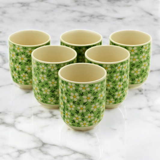 Chinese Ceramic Tea Cups - Set of Six - Green Daisy Pattern - 8cm Tall - 100ml