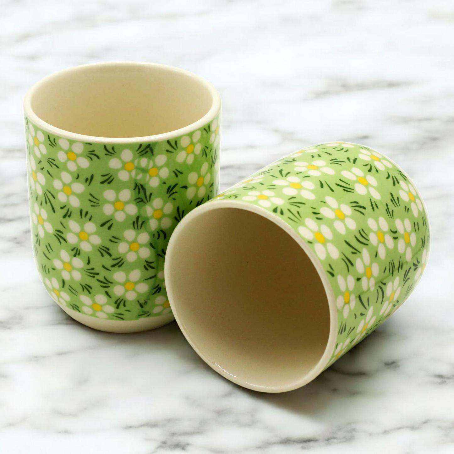 Chinese Ceramic Tea Cups - Set of Six - Green Daisy Pattern - 8cm Tall - 100ml