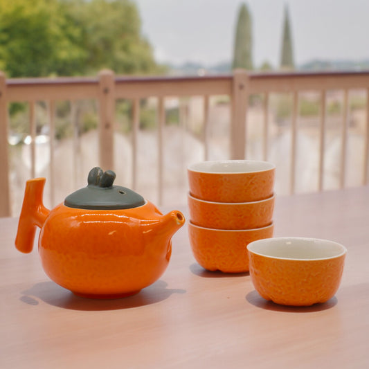 Chinese Orange Tea Set - Tea Pot & Four Cups - Gift Box - Small Size - 200ml