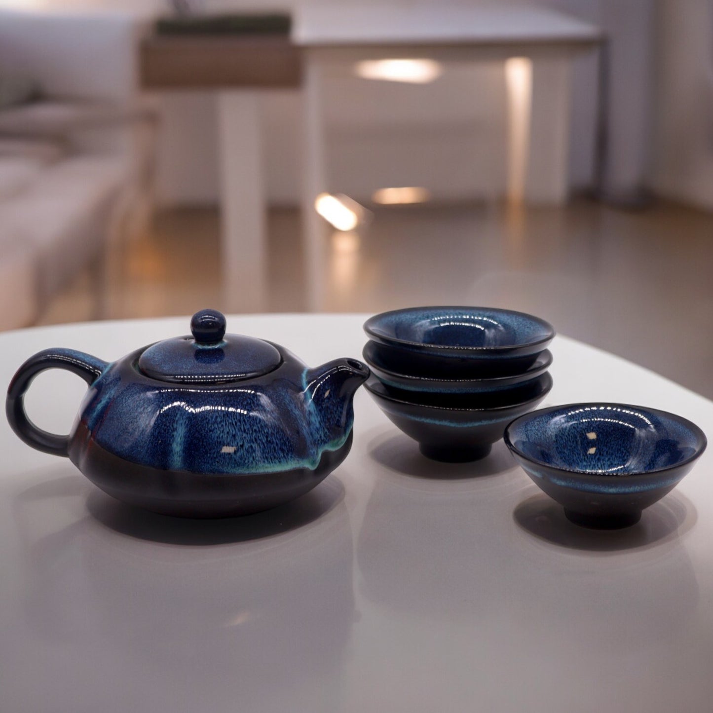 Chinese Blue Tea Set - Tea Pot & Four Cups - Gift Box - Small Size - 200ml