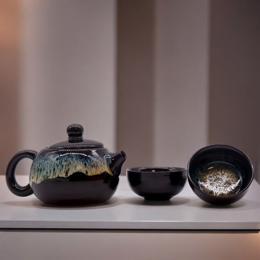 Chinese Black Glazed Tea Set - Tea Pot & Two Cups - Gift Box - Small Size - 200ml