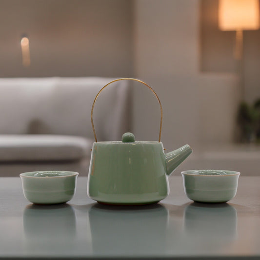 Chinese Jade Crackle Glazed Tea Set - Tea Pot & Two Cups - Gift Box - Small Size - 200ml