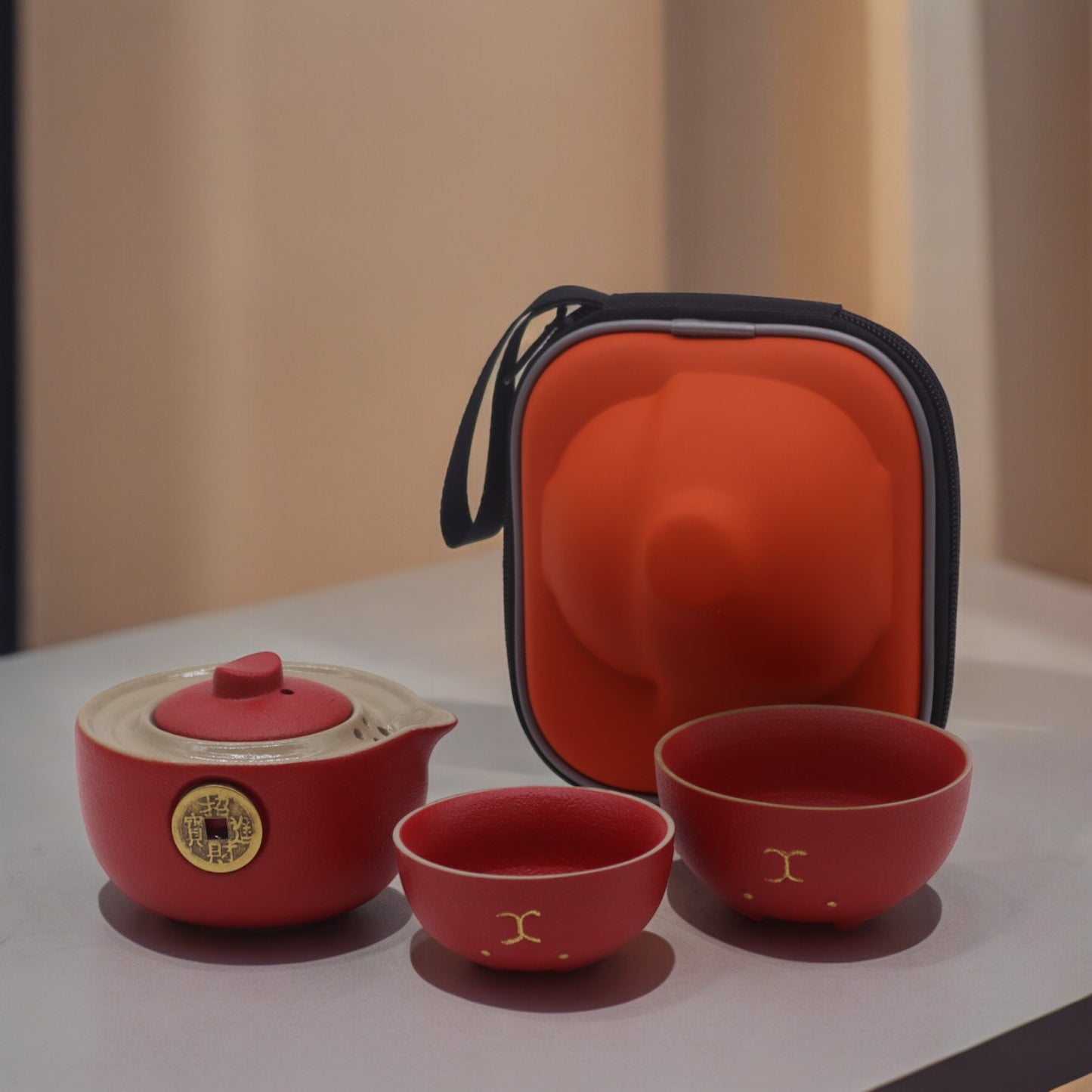 Chinese Money Cat Teapot Set - Two Cups - Travel Pack - Red