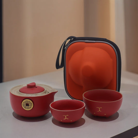 Chinese Money Cat Teapot Set - Two Cups - Travel Pack - Red