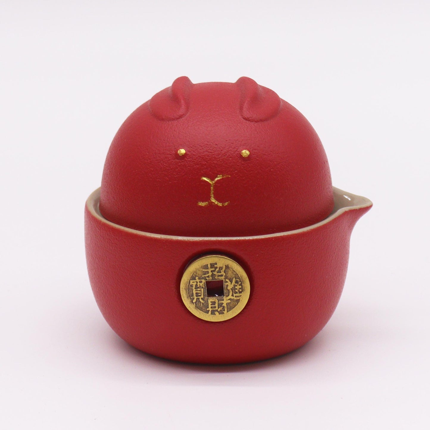 Chinese Money Cat Teapot Set - Two Cups - Travel Pack - Red