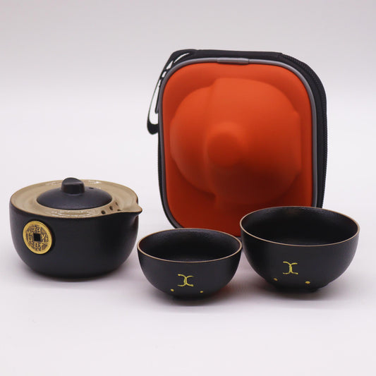 Chinese Money Cat Teapot Set - Two Cups - Travel Pack - Black