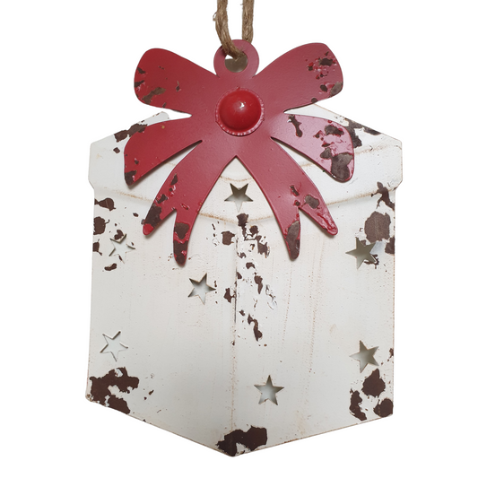 Hanging White Metal Christmas Gift Box - Red Ribbon - Distressed Finish - 26cm
