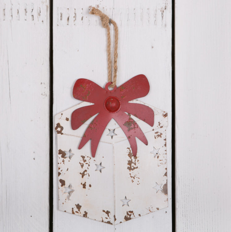 Hanging White Metal Christmas Gift Box - Red Ribbon - Distressed Finish - 26cm