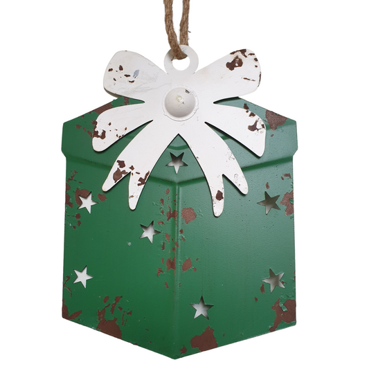 Hanging Green Metal Christmas Gift Box - White Ribbon - Distressed Finish - 26cm