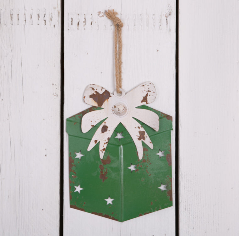 Hanging Green Metal Christmas Gift Box - White Ribbon - Distressed Finish - 26cm