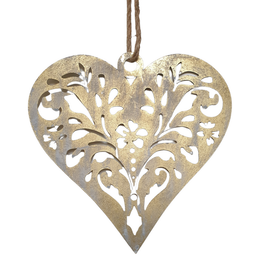 Gold Metal Hanging Heart - Christmas Decoration - Hand Finished - 31cm