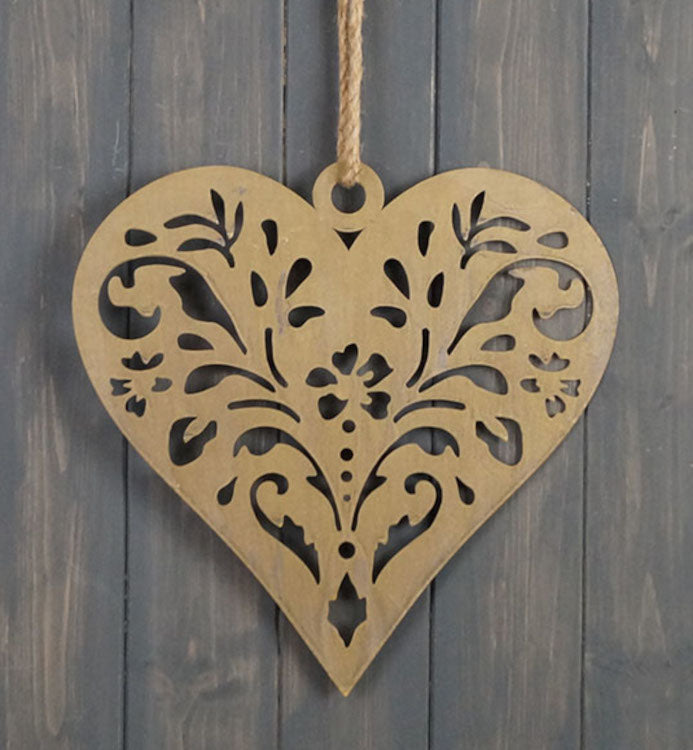 Gold Metal Hanging Heart - Christmas Decoration - Hand Finished - 31cm