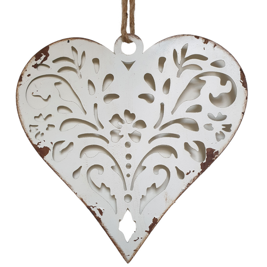 White Metal Hanging Heart - Christmas Decoration - Distressed Finished - 31cm