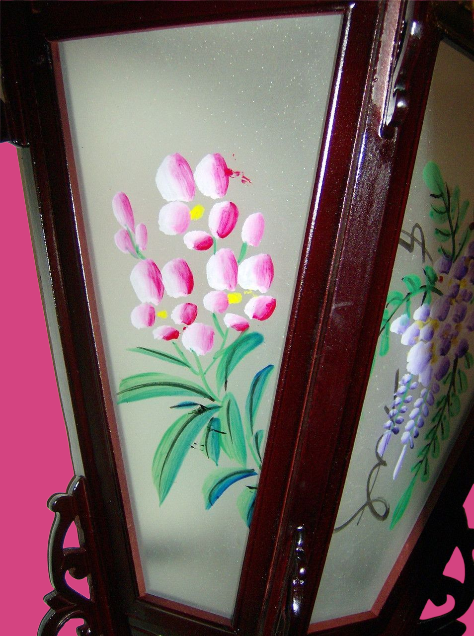Chinese Palace Wooden Wall Lantern - Painted Flowers on Glass Panels