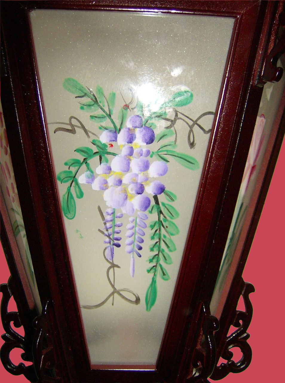 Chinese Palace Wooden Wall Lantern - Painted Flowers on Glass Panels